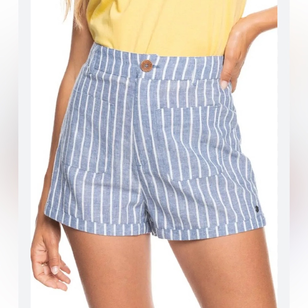 Roxy Blue & White Striped Linen Blend Shorts Women’s Small Beach Nautical